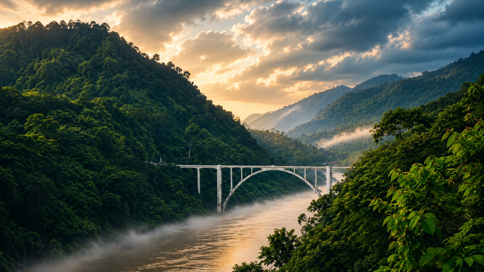 Misty Himalayan valley at sunrise with a winding mountain road
